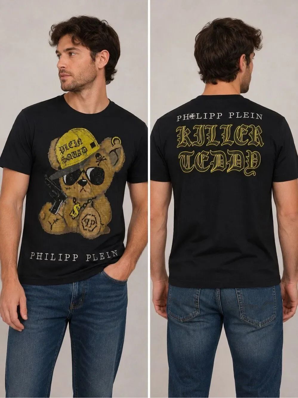 Philipp Plein Killer Teddy Black Graphic Rhinestone T Shirt Mens Size L EU/ M US